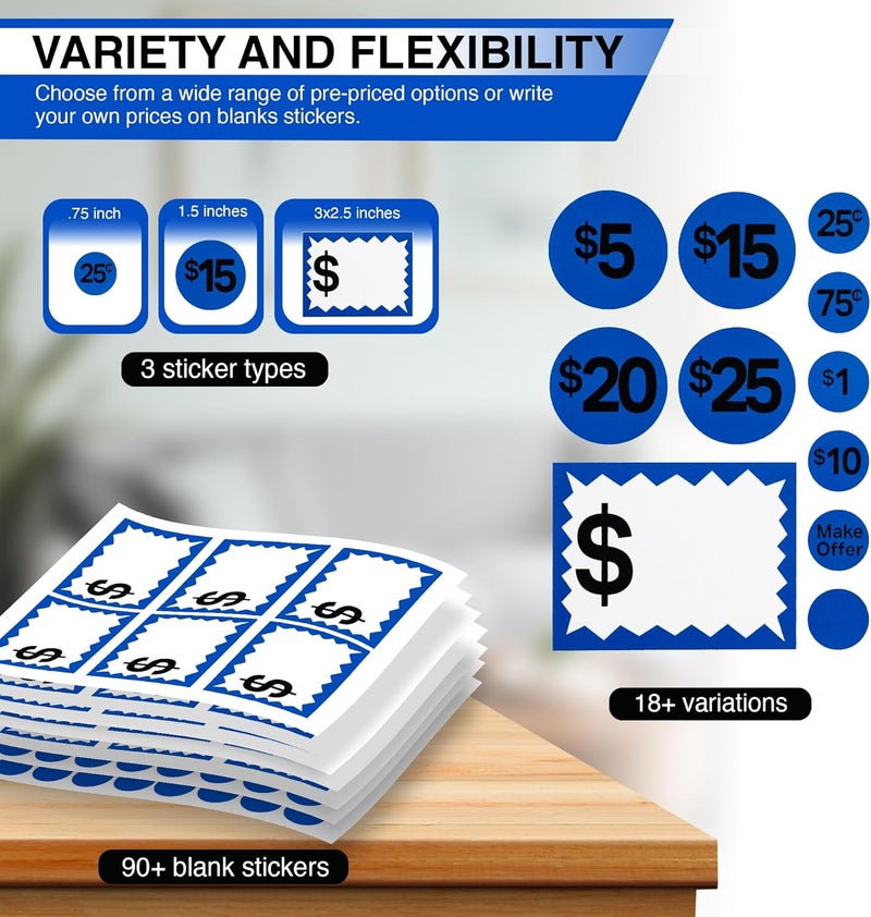 Perco Garage Price Stickers - 28 Sheets, 1,100 Pre-Priced & Blank Blue Stickers - Easy-to-Read Price Tags for Effective Pricing Ideal for Yard Sales, Flea Markets, County Fairs & Retail Use - Image 3